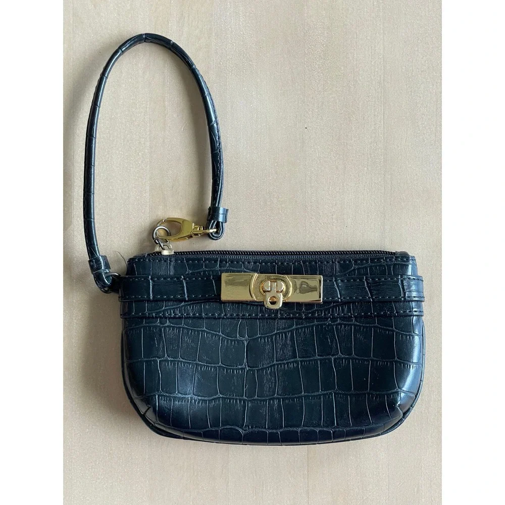 NY&Co VTG Y2K Black Croc Embossed Wristlet Purse Gold Hardware, New York & Co
